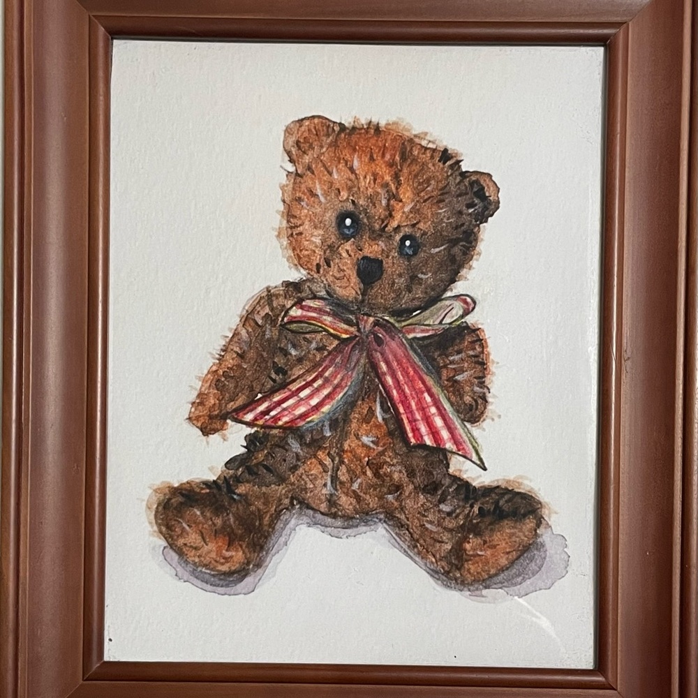 Framed Teddy Bear Art with Red Bow